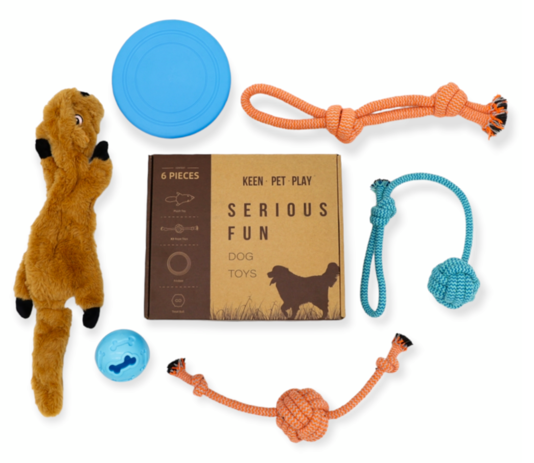 A collection of dog toys including a plush toy, three rope toys, a frisbee, and a treat ball. The toys are designed to relieve boredom and provide entertainment for dogs. This dog toy box is a perfect birthday gift for dog lovers and their furry friends. The toys are brightly colored and made from high-quality materials to ensure durability and long-lasting fun.