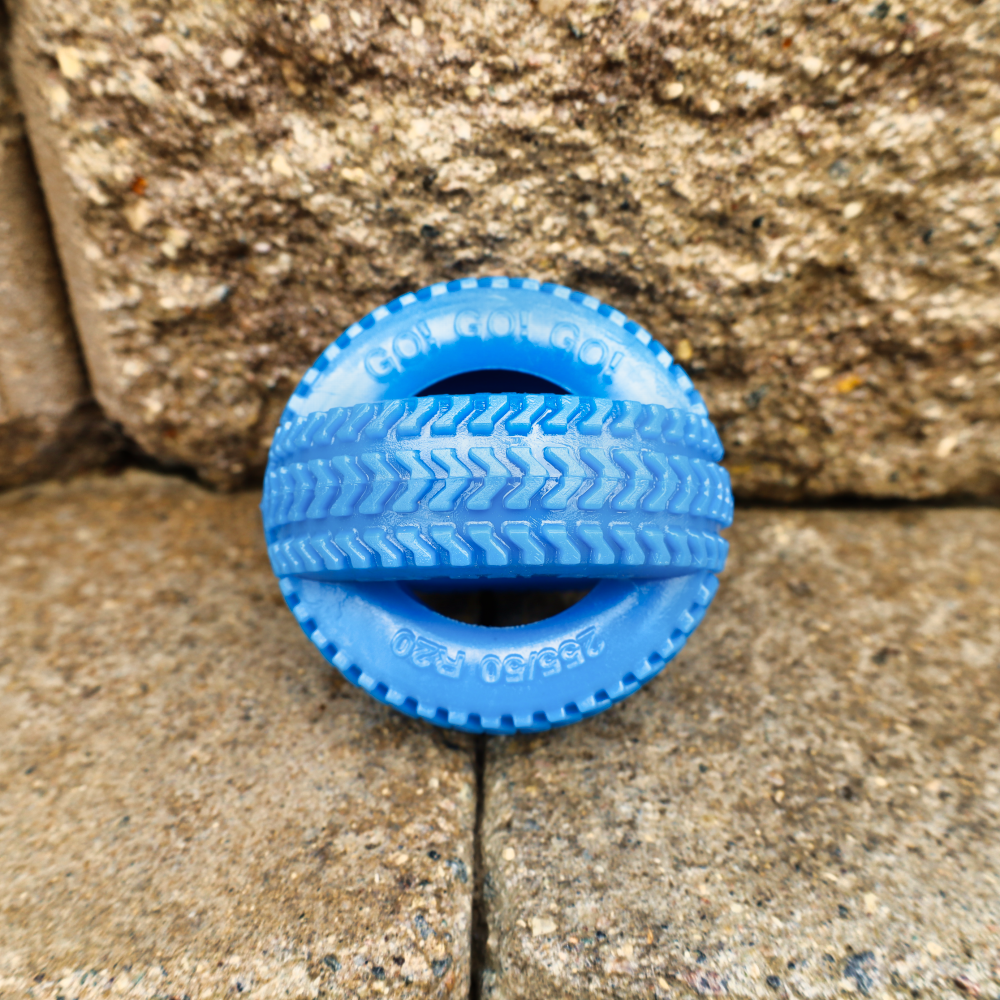blue rubber dog chew toy